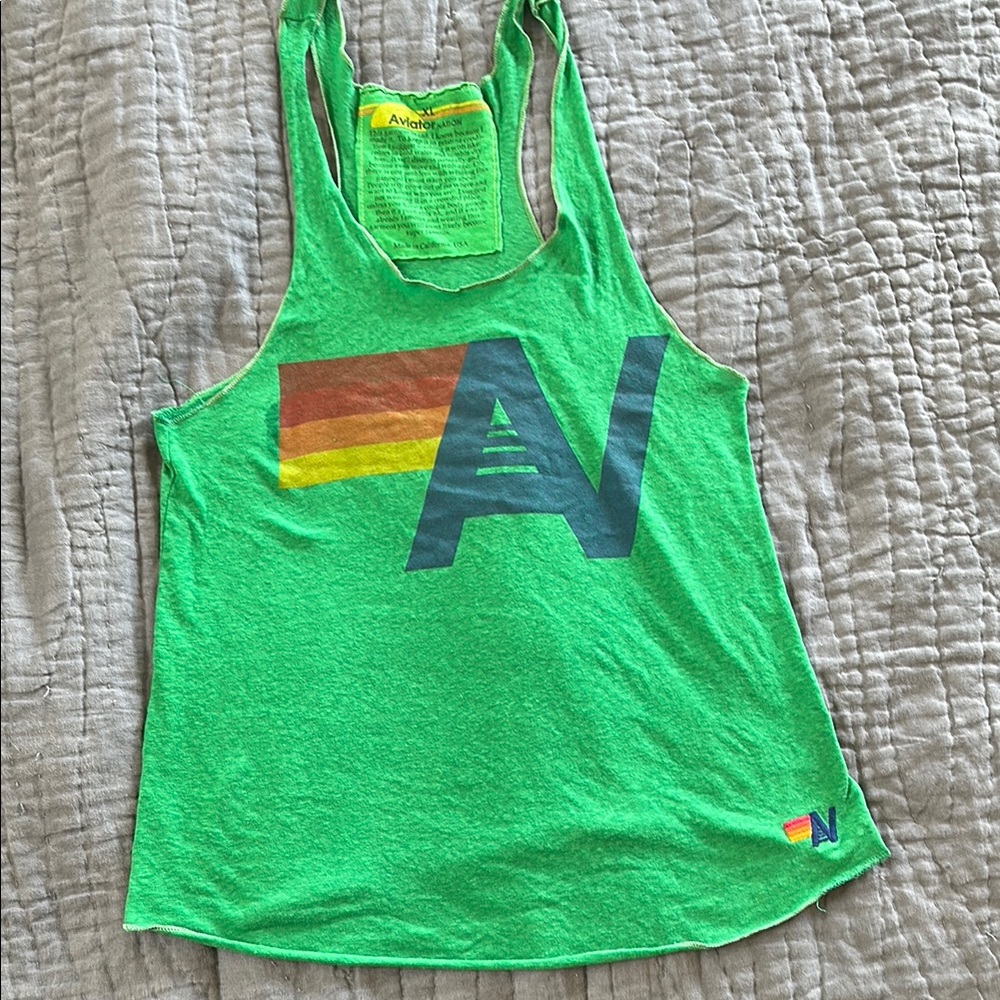 Aviator Nation Green Tank Top with Multicolor Logo